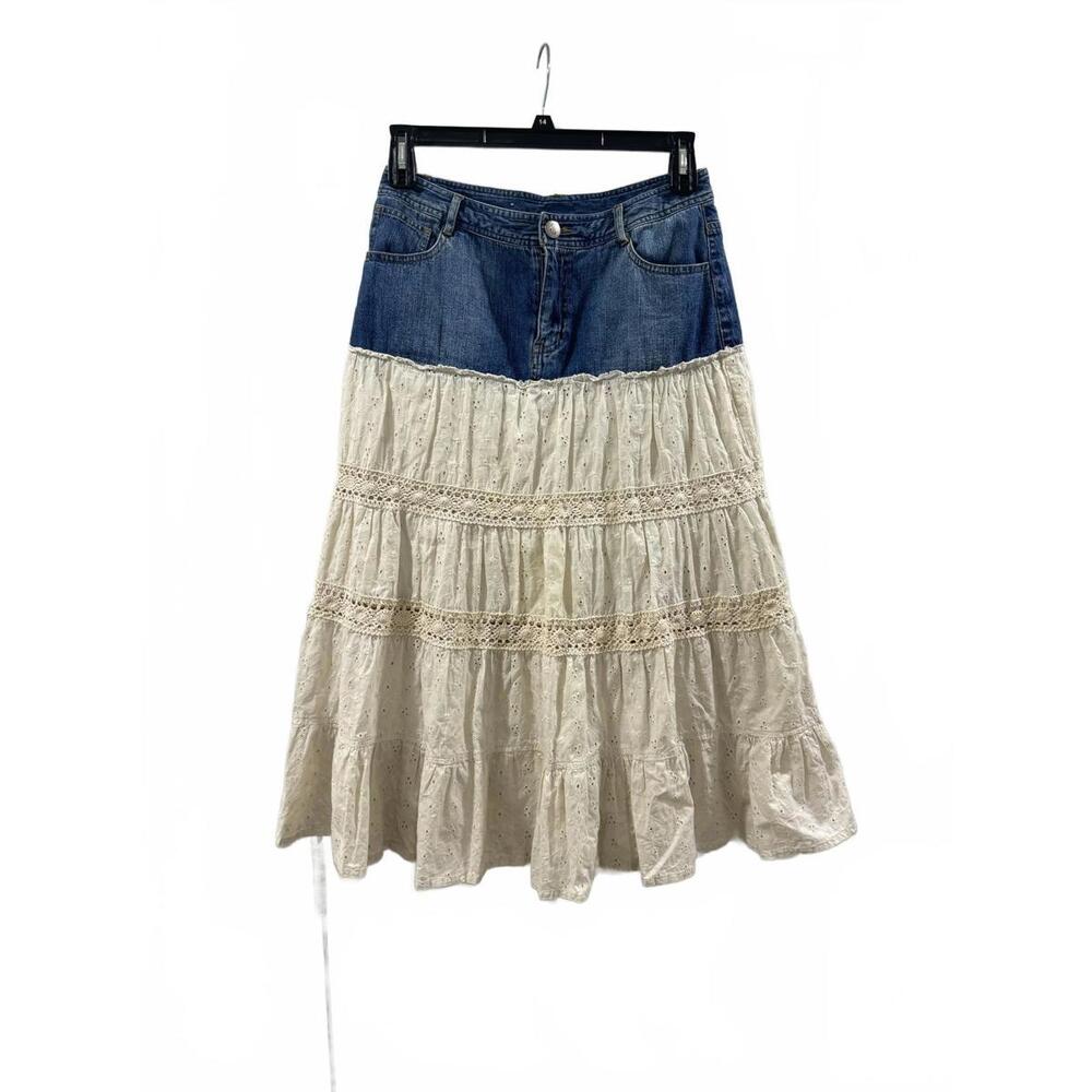 {SOLD} Vintage Bill Blass Denim Jean Boho Eyelet Embroidered Midi Skirt- Size 6 - Picture 1 of 9